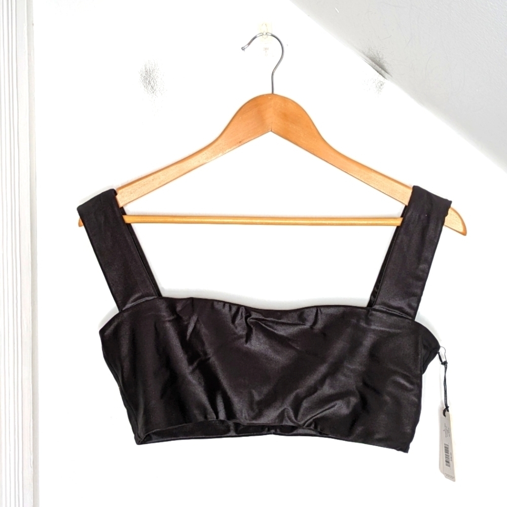 WEWOREWHAT Black High Shine Cire Bandeau Bra NEW Size M